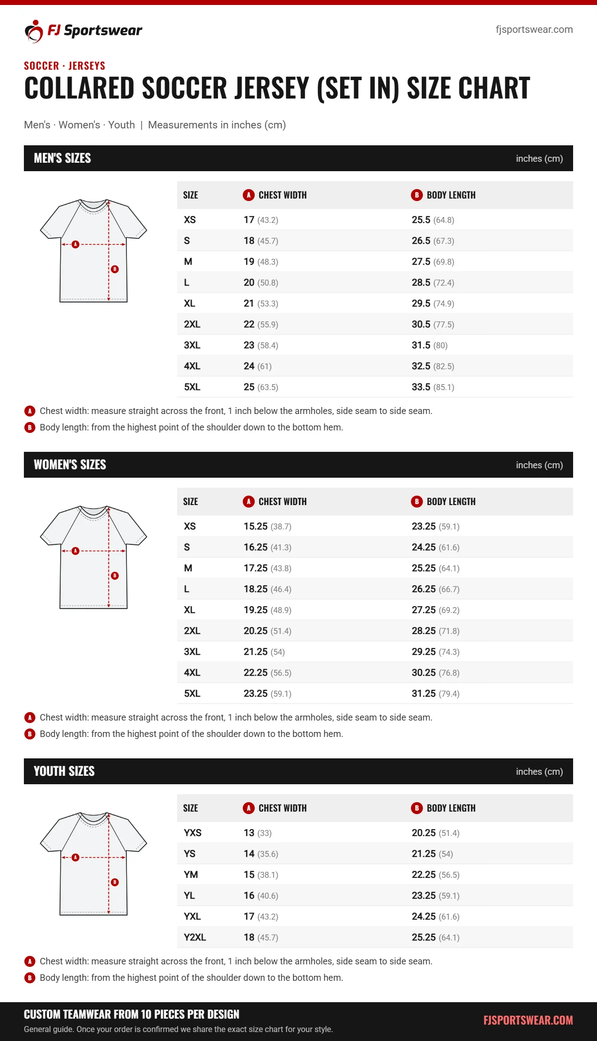Collared Soccer Jersey (Set In) size chart: men’s, women’s and youth sizes with chest width and body length in inches and cm