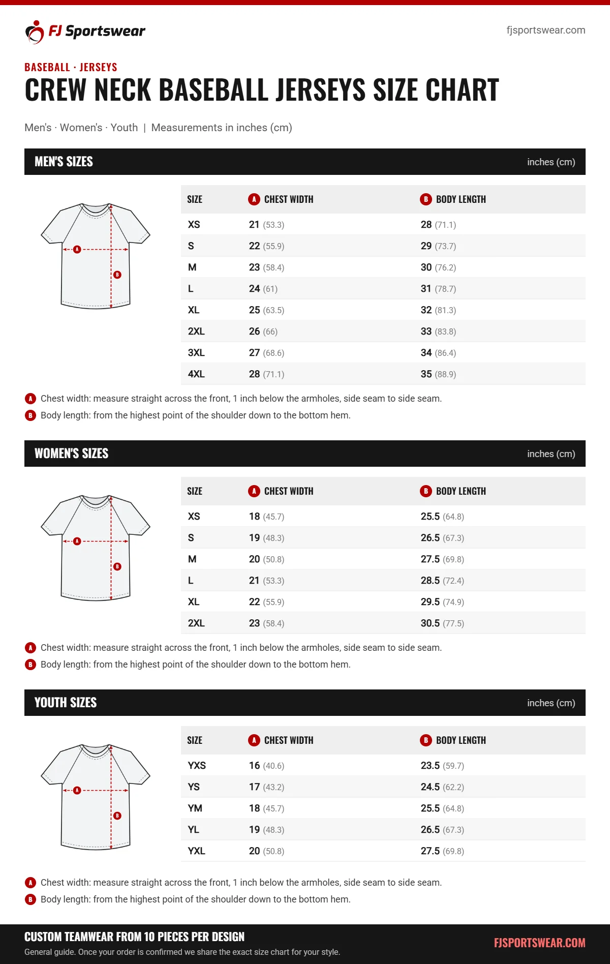 Crew Neck Baseball Jerseys size chart: men’s, women’s and youth sizes with chest width and body length in inches and cm