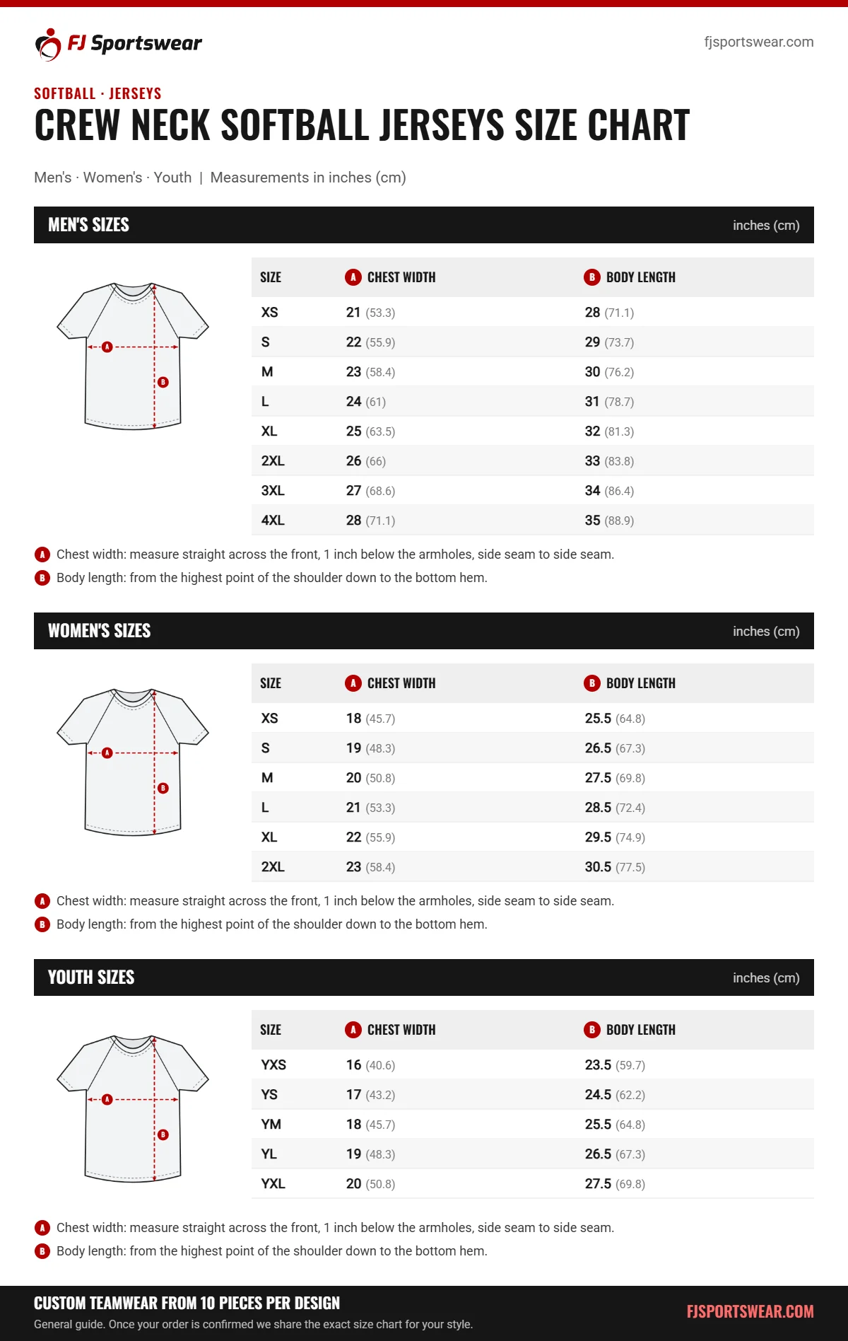 Crew Neck Softball Jerseys size chart: men’s, women’s and youth sizes with chest width and body length in inches and cm