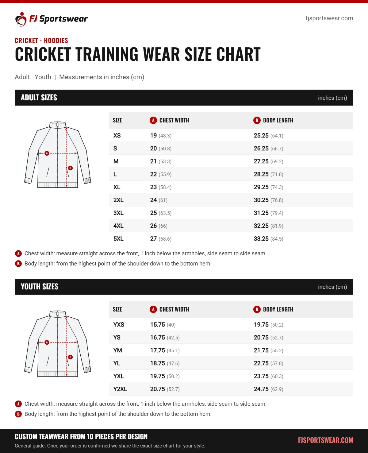 Cricket Training Wear size chart: adult and youth sizes with chest width and body length in inches and cm