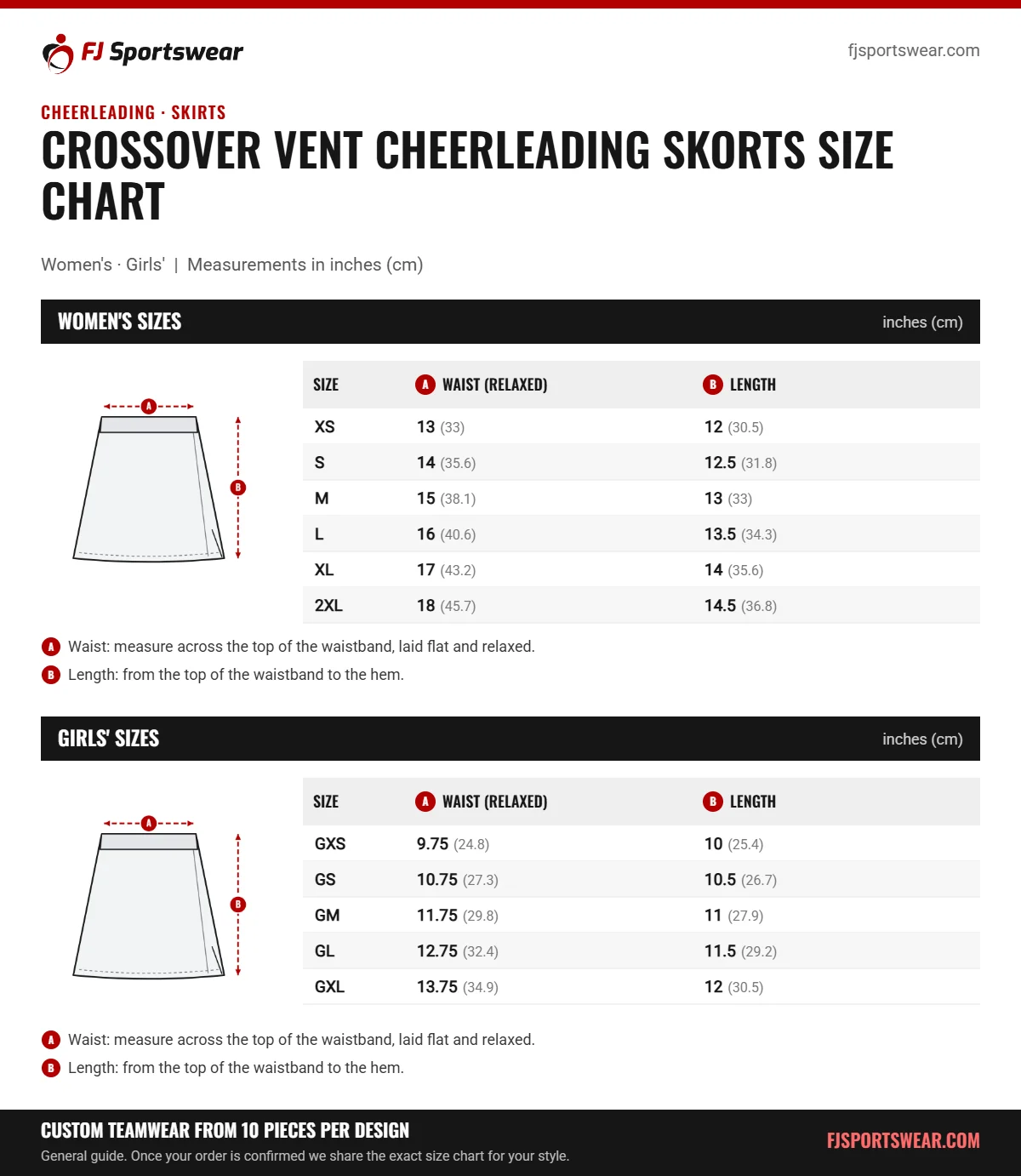 Crossover Vent Cheerleading Skorts Size Chart Crossover Vent Cheerleading Skorts size chart: women’s and girls’ sizes with waist (relaxed) and length in inches and cm