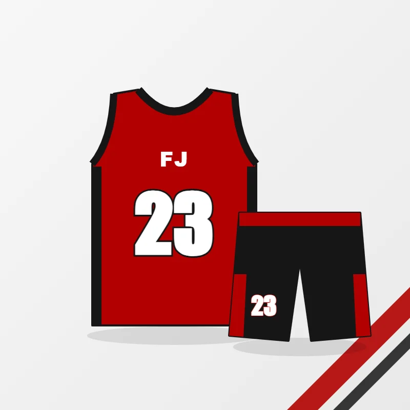 Custom basketball uniform with sublimated red and black jersey and matching shorts