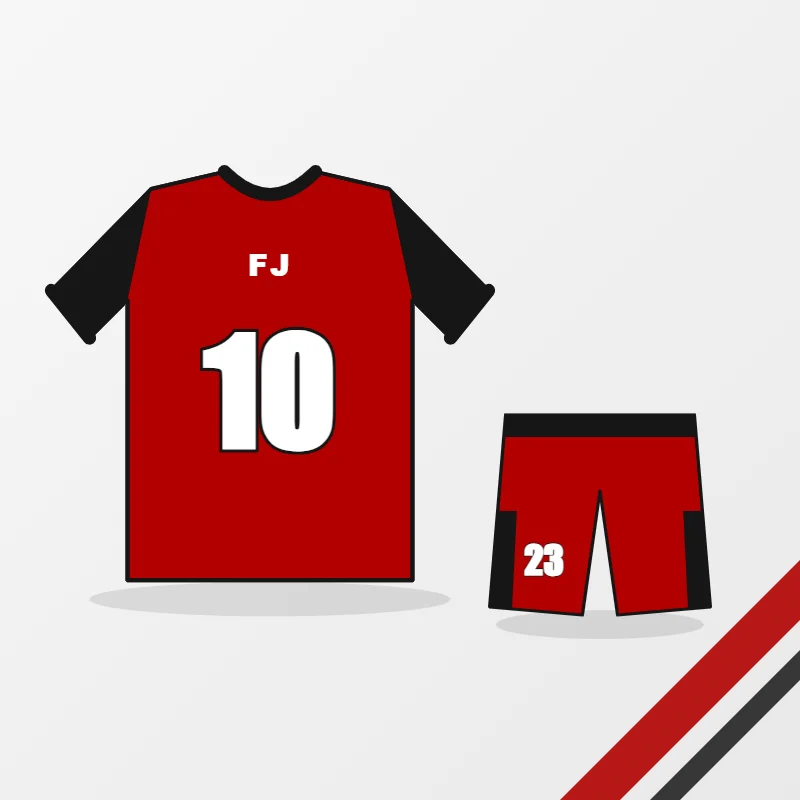 Team uniforms – custom design in red and black, made to order by FJ Sportswear