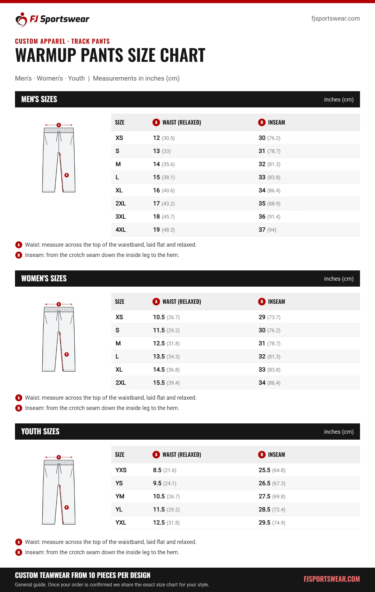 Custom Warmup Pants size chart: men’s, women’s and youth sizes with waist (relaxed) and inseam in inches and cm