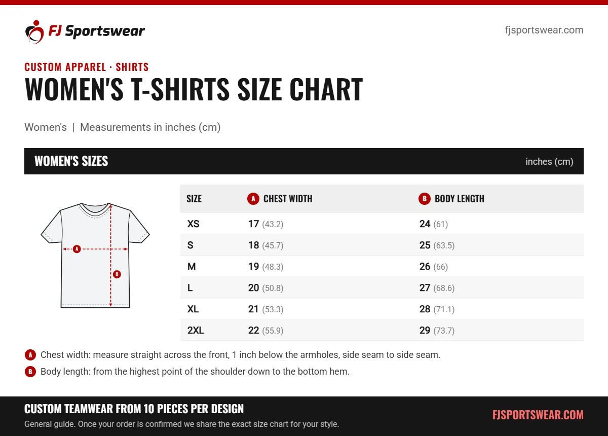 Women’s T-Shirts size chart: women’s sizes with chest width and body length in inches and cm