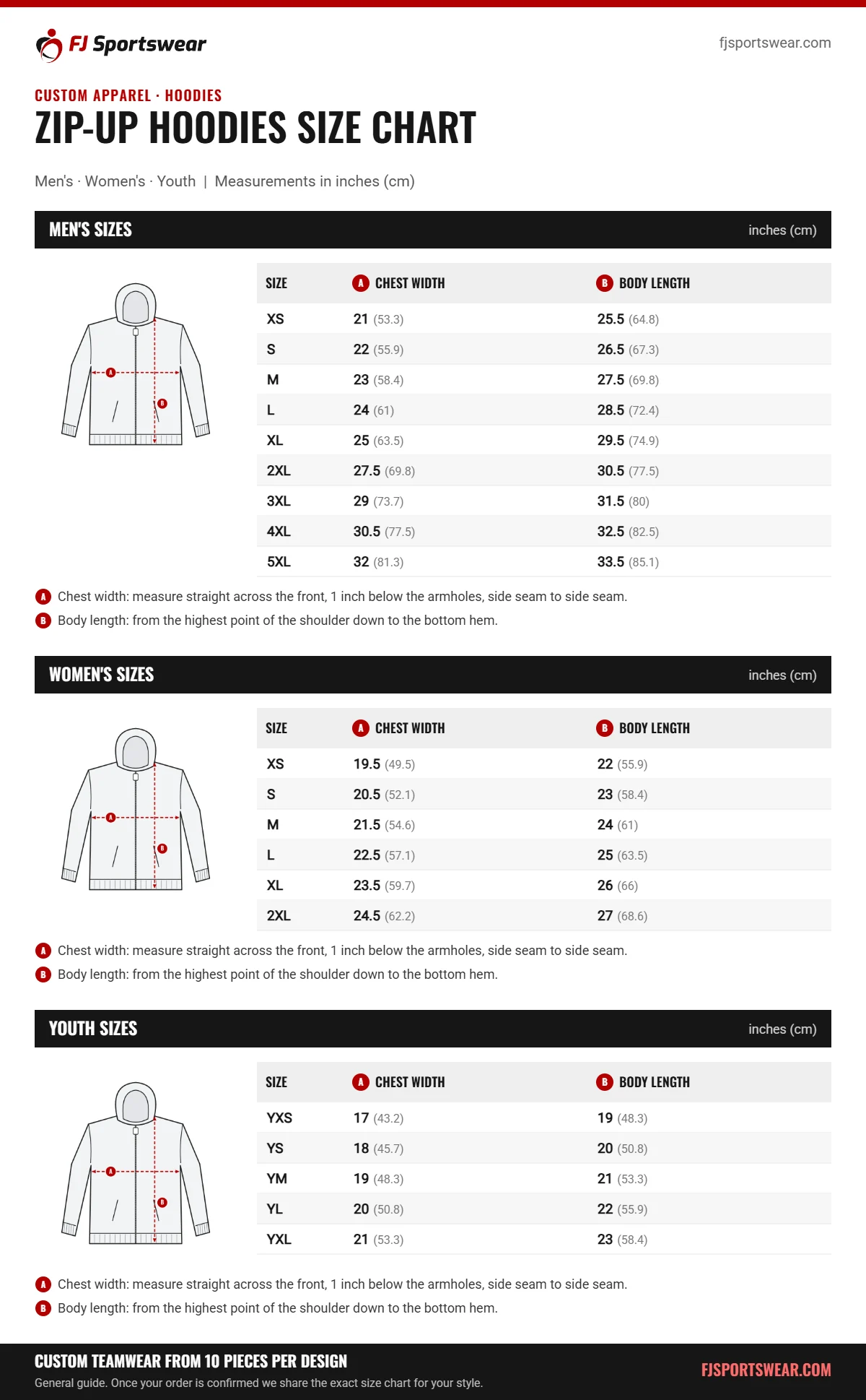 Zip-Up Hoodies size chart: men’s, women’s and youth sizes with chest width and body length in inches and cm