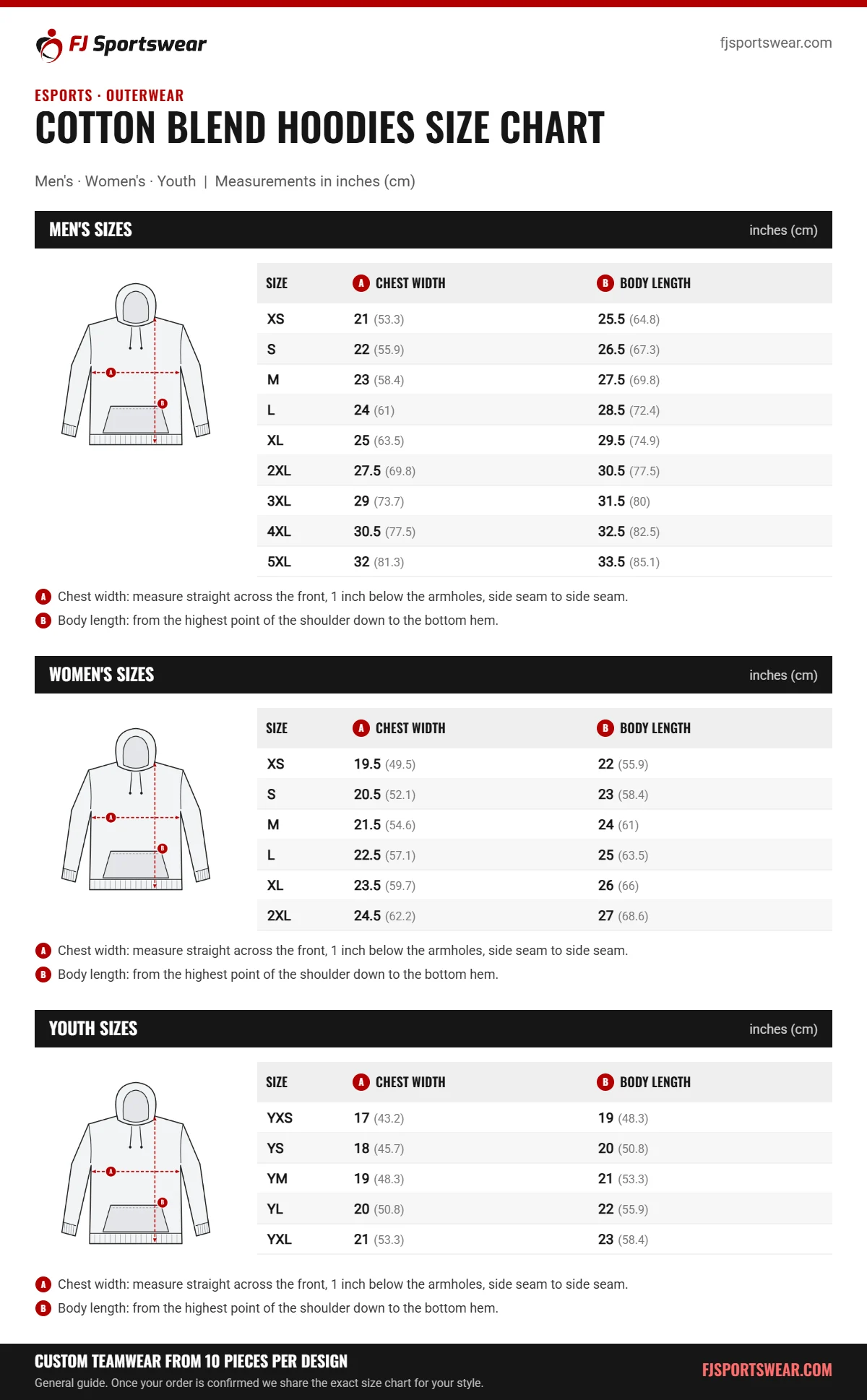 Esports Cotton Blend Hoodies size chart: men’s, women’s and youth sizes with chest width and body length in inches and cm