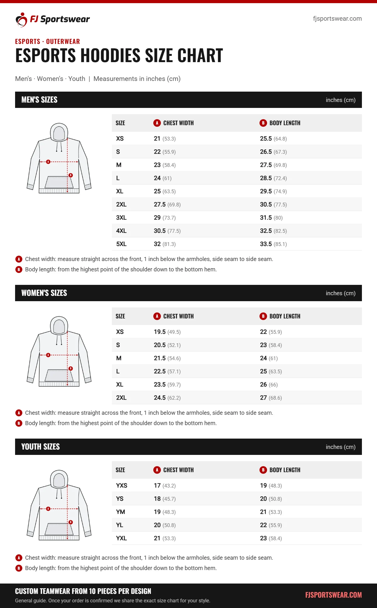 Esports Hoodies size chart: men’s, women’s and youth sizes with chest width and body length in inches and cm