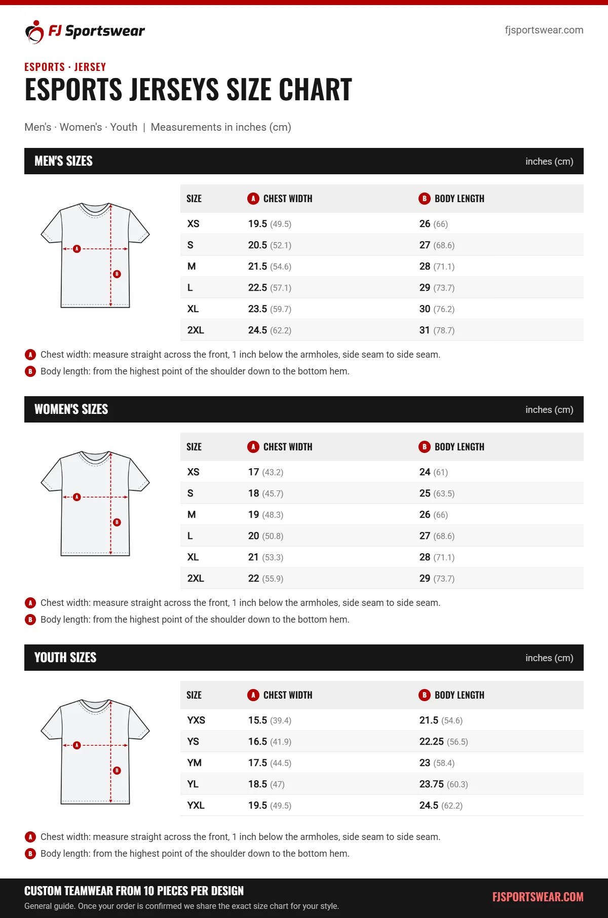 Esports Jerseys size chart: men’s, women’s and youth sizes with chest width and body length in inches and cm