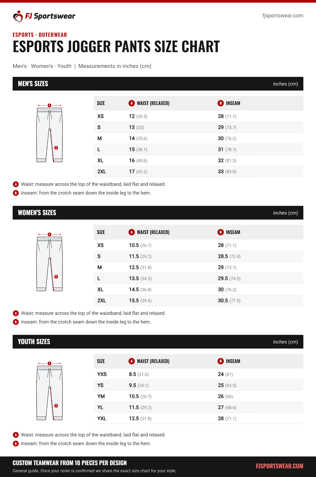Esports Jogger Pants size chart: men’s, women’s and youth sizes with waist (relaxed) and inseam in inches and cm