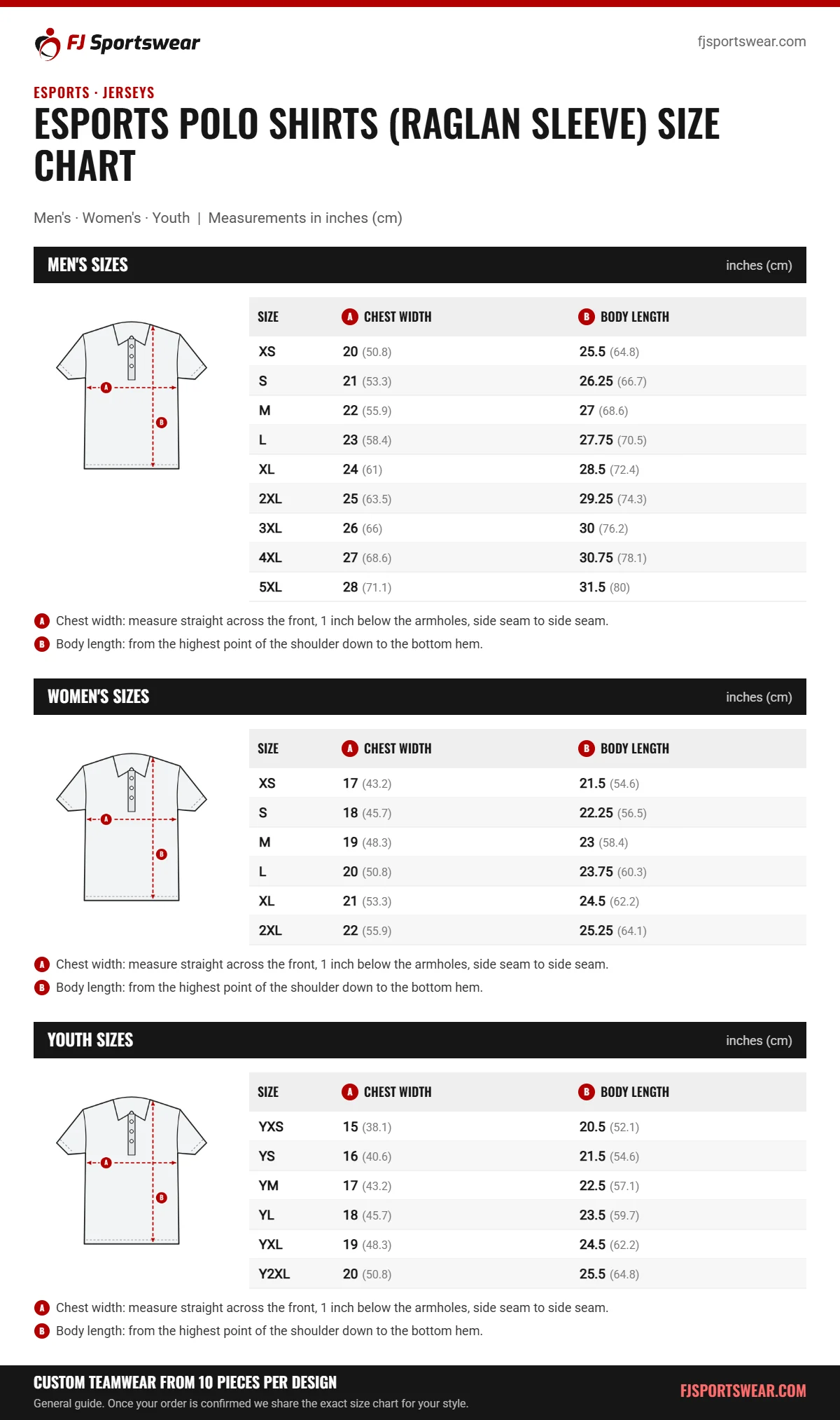 Esports Polo Shirts (Raglan Sleeve) size chart: men’s, women’s and youth sizes with chest width and body length in inches and cm