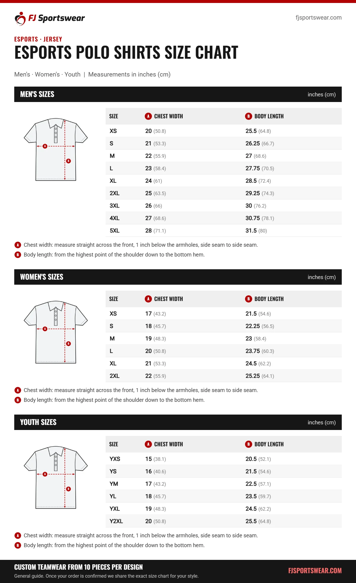 Esports Polo Shirts size chart: men’s, women’s and youth sizes with chest width and body length in inches and cm
