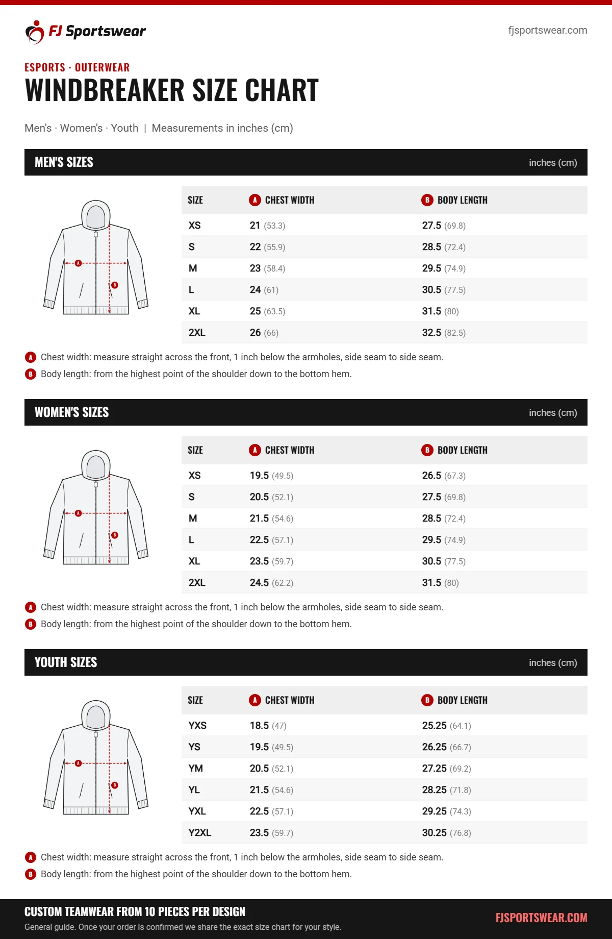 Esports Windbreaker Size Chart | FJ Sportswear Esports Windbreaker size chart: men’s, women’s and youth sizes with chest width and body length in inches and cm