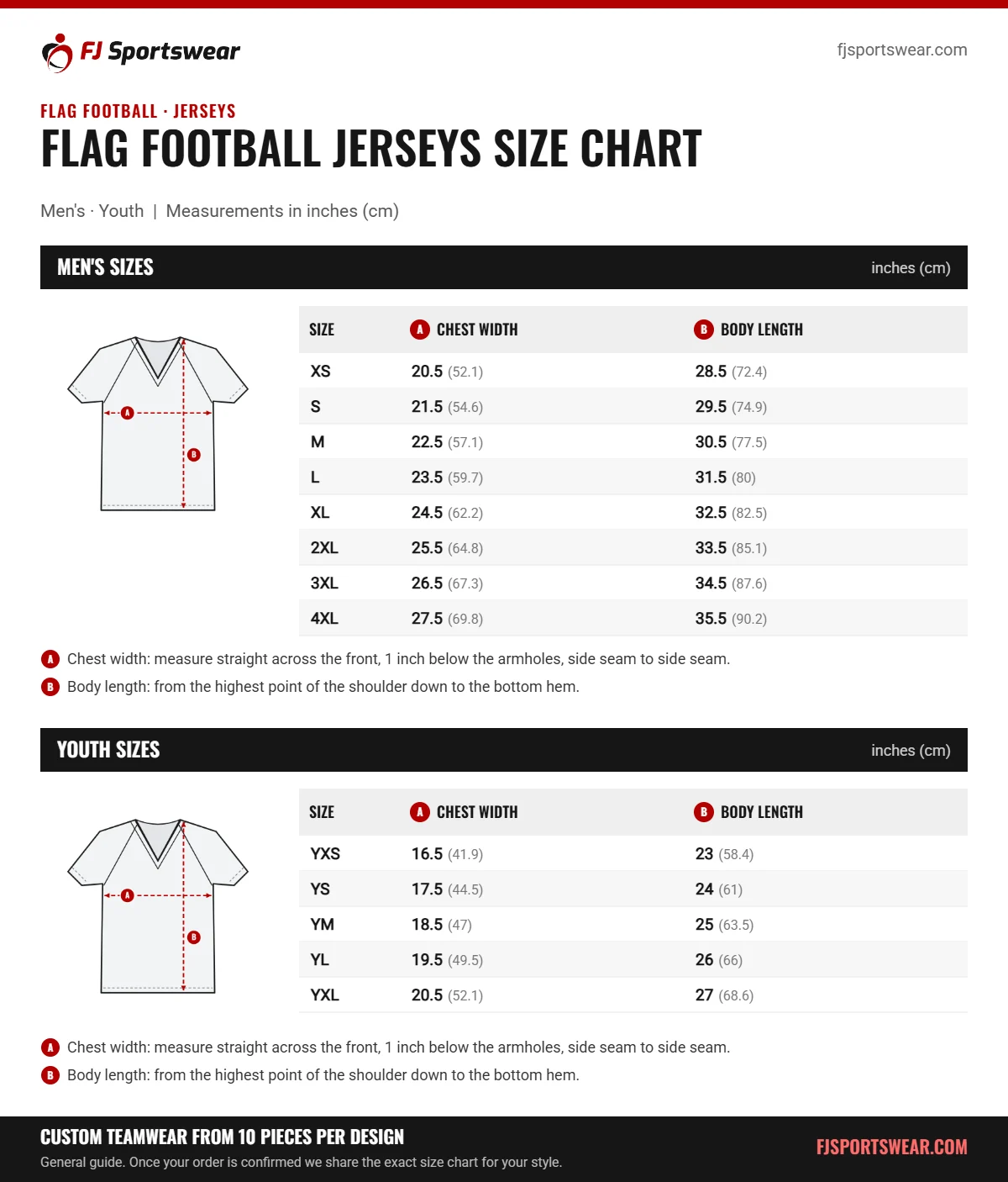 Flag Football Jerseys size chart: men’s and youth sizes with chest width and body length in inches and cm