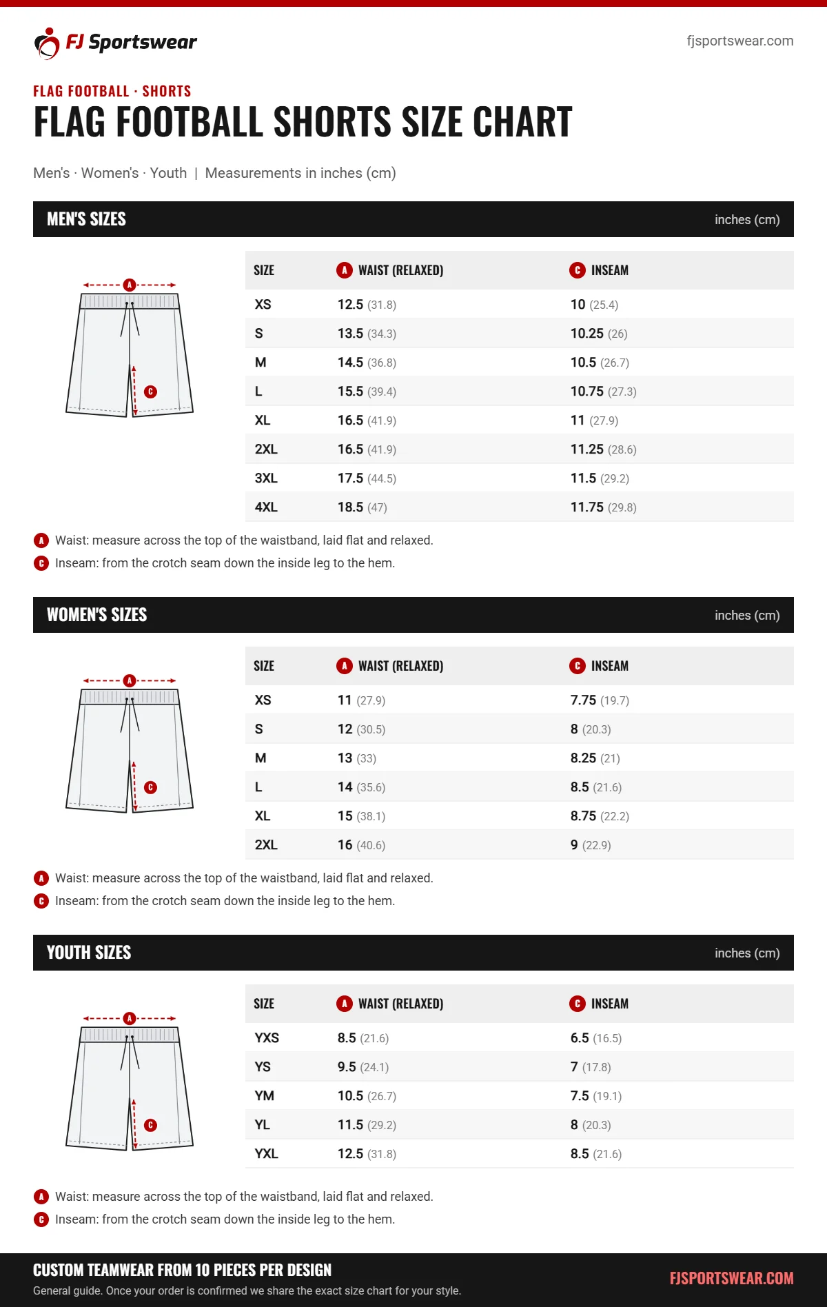 Flag Football Shorts size chart: men’s, women’s and youth sizes with waist (relaxed) and inseam in inches and cm
