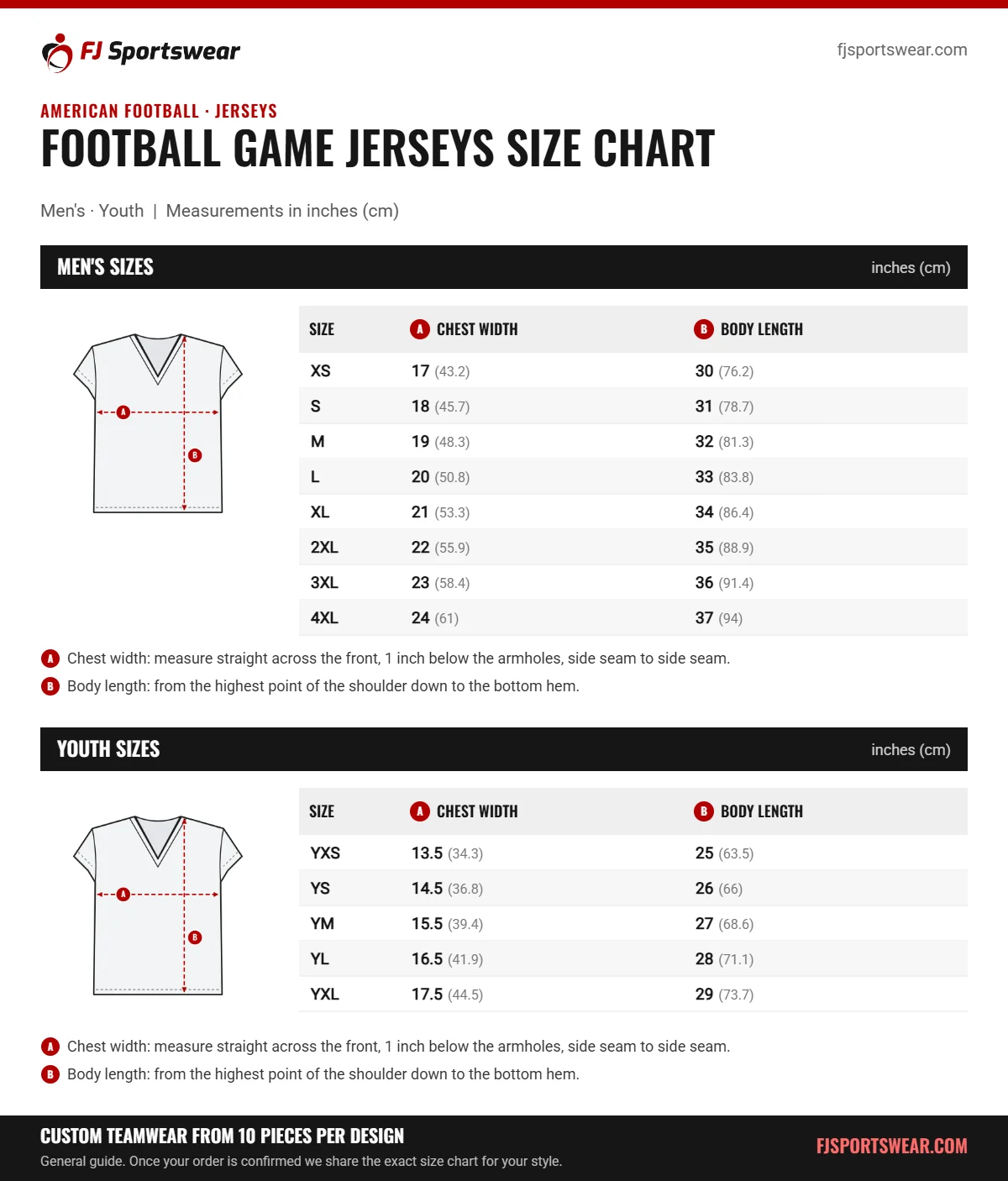 Football Game Jerseys size chart: men’s and youth sizes with chest width and body length in inches and cm