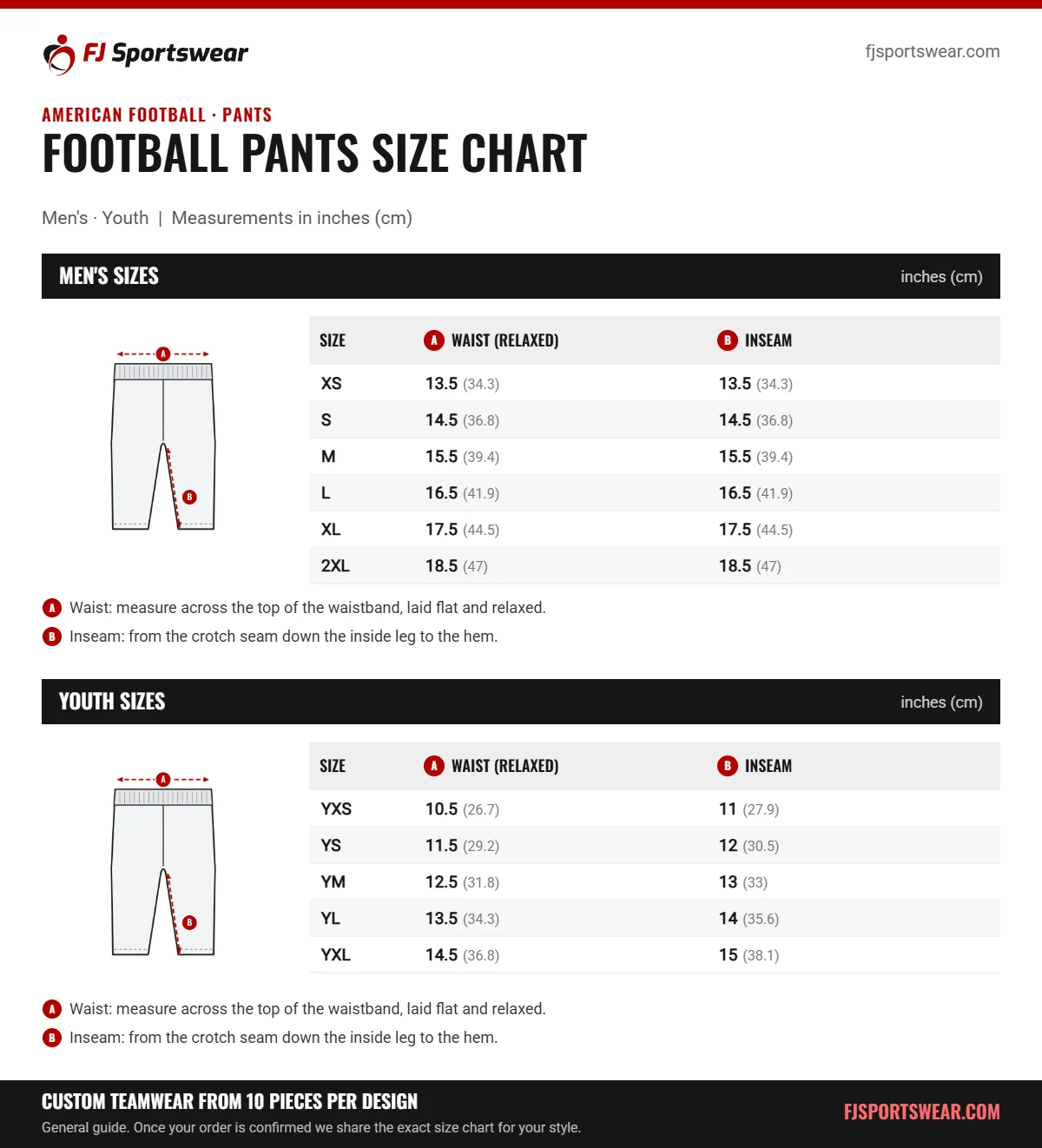 Football Pants size chart: men’s and youth sizes with waist (relaxed) and inseam in inches and cm