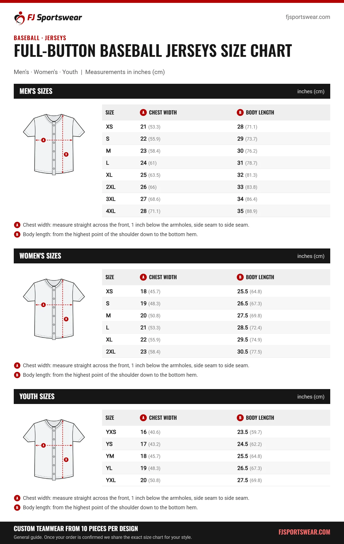Full-Button Baseball Jerseys size chart: men’s, women’s and youth sizes with chest width and body length in inches and cm