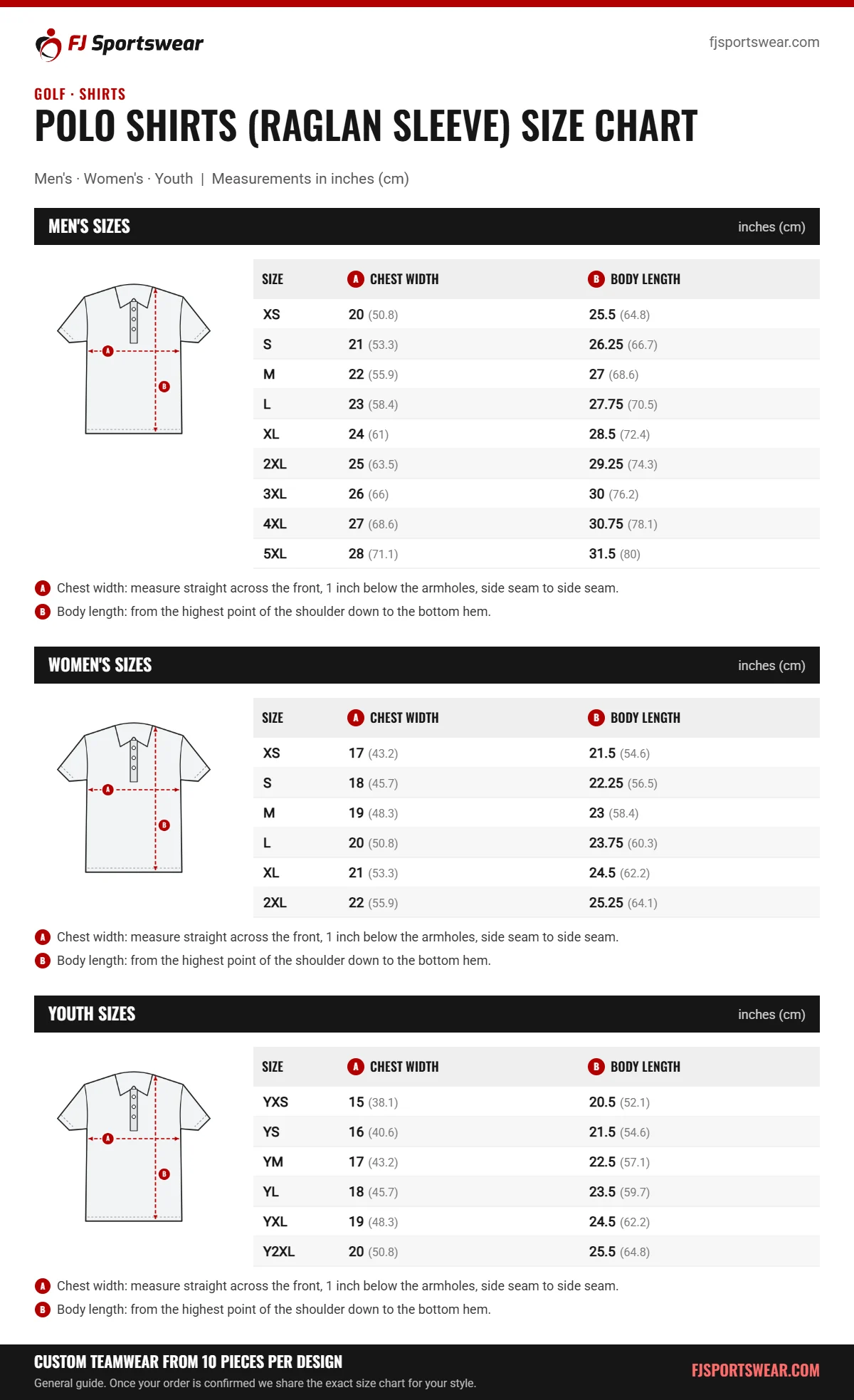 Golf Polo Shirts (Raglan Sleeve) size chart: men’s, women’s and youth sizes with chest width and body length in inches and cm