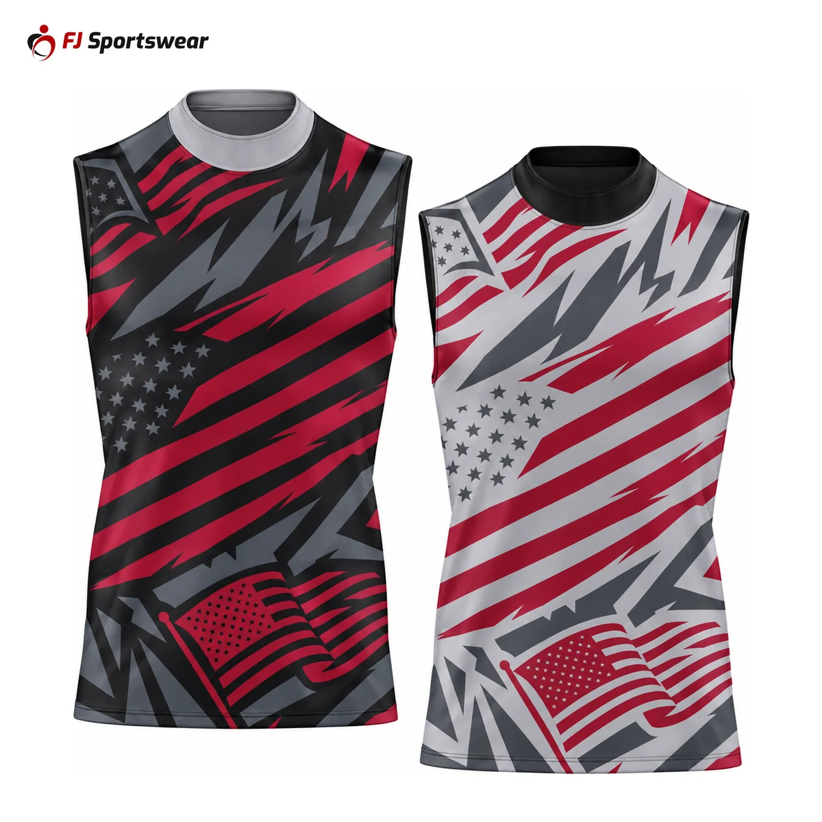Grey and red reversible sleeveless turtleneck compression shirts – custom made by FJ Sportswear in Sialkot