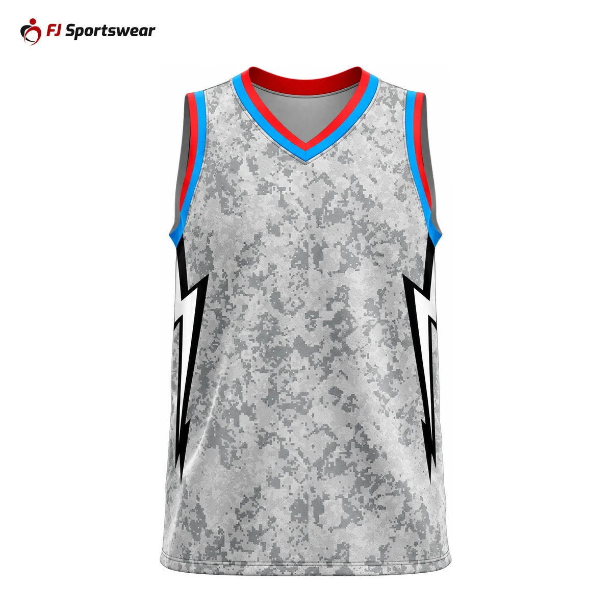 Grey and white V-neck basketball jersey – custom made by FJ Sportswear in Sialkot