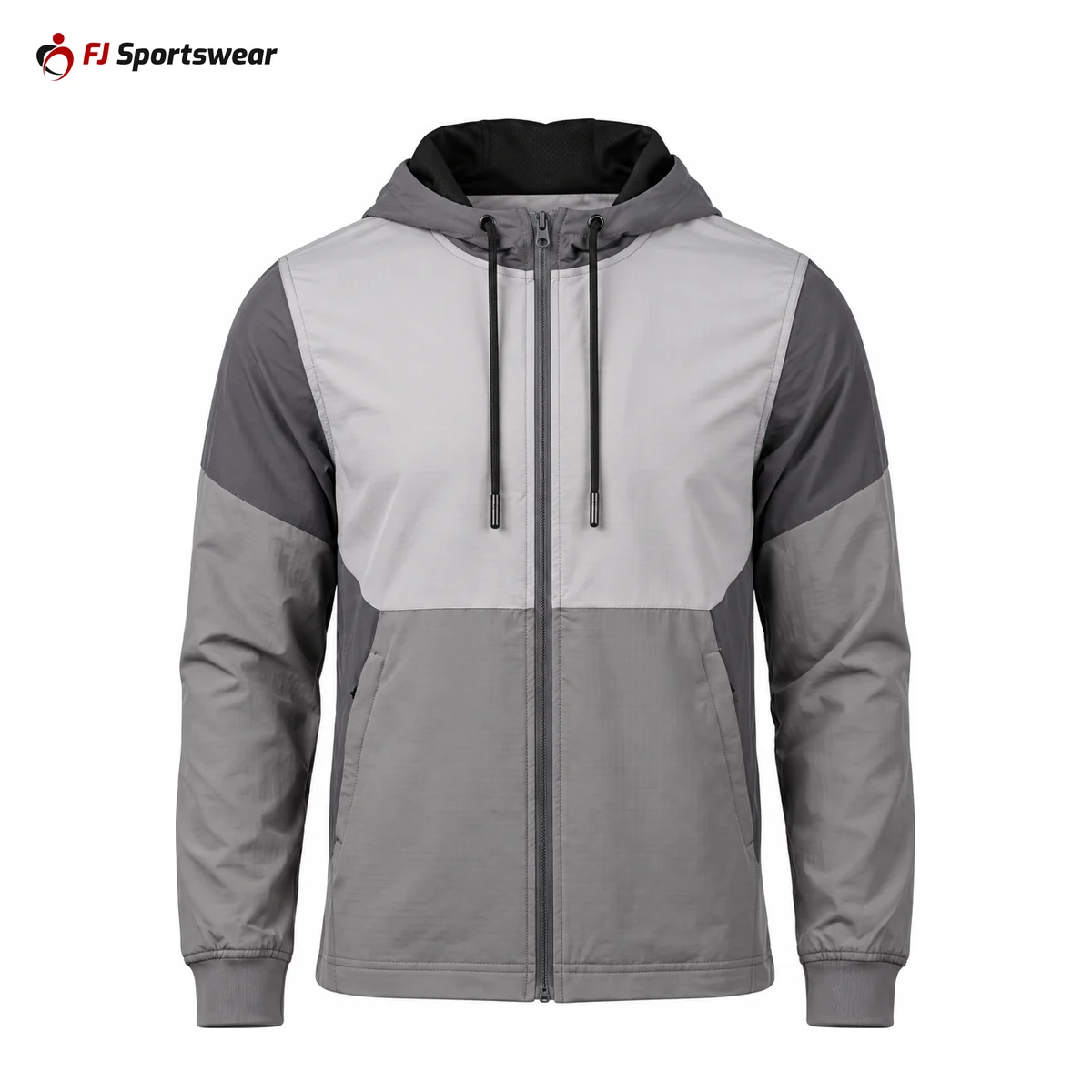 Grey hooded windbreaker – custom made by FJ Sportswear in Sialkot