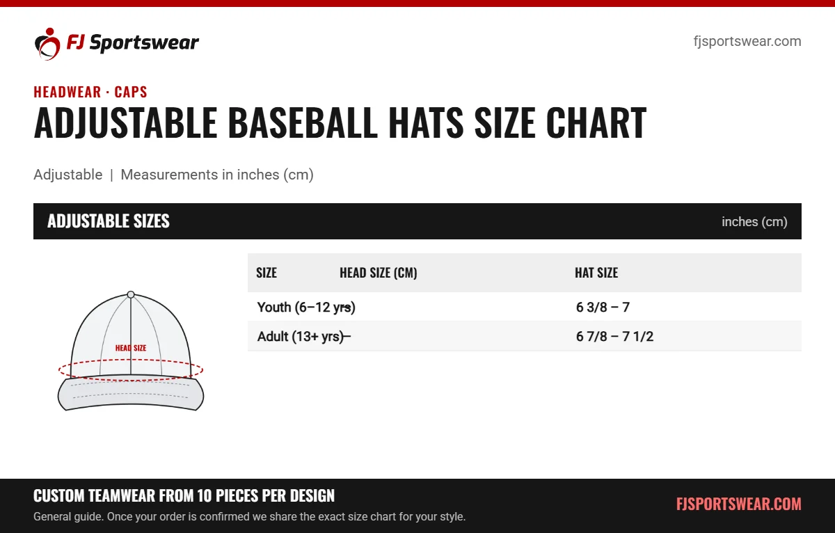 Adjustable Baseball Hats size chart: adjustable sizes with head size (cm) and hat size in inches and cm
