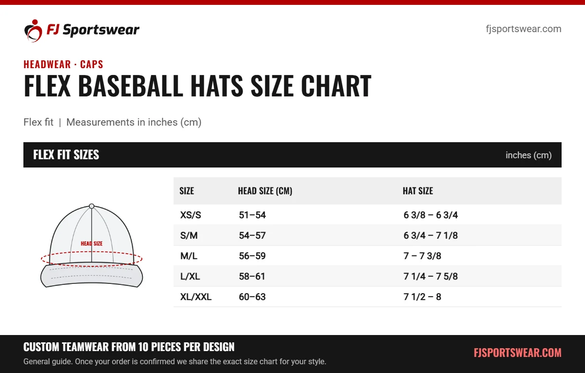 Flex Baseball Hats size chart: flex fit sizes with head size (cm) and hat size in inches and cm