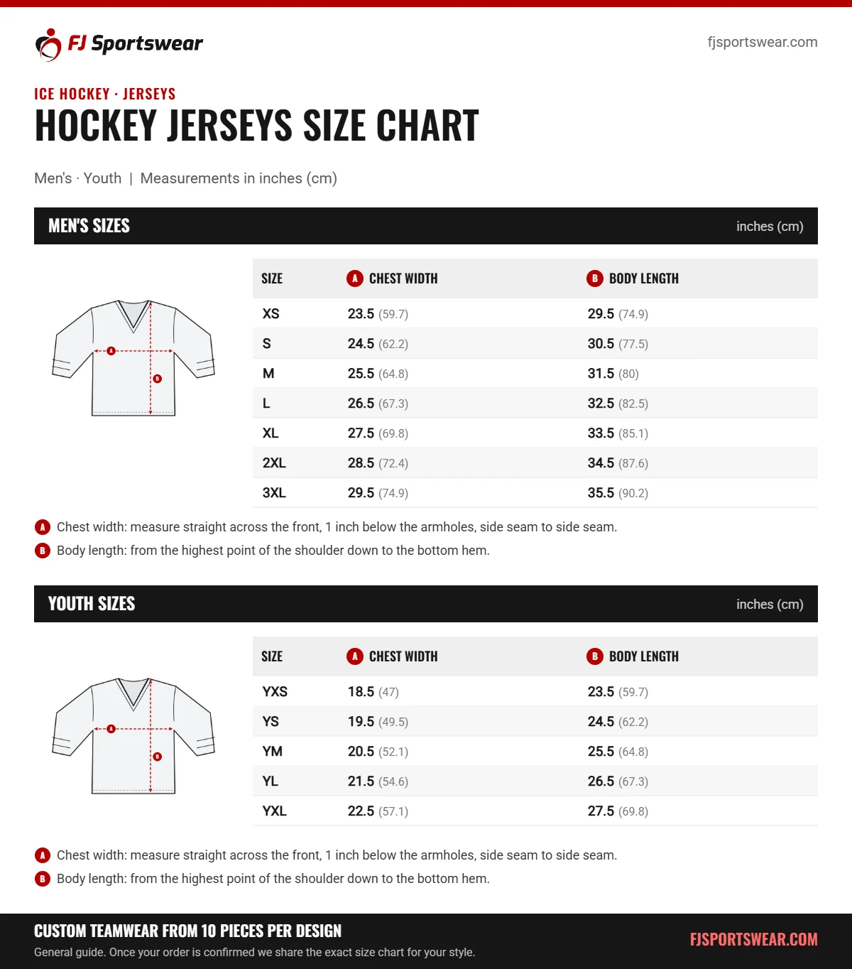Hockey Jerseys size chart: men’s and youth sizes with chest width and body length in inches and cm