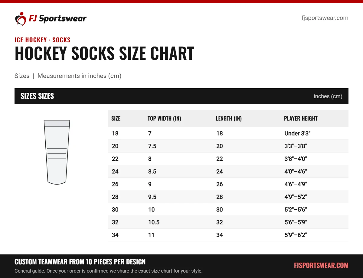 Hockey Socks size chart: sizes sizes with top width (in), length (in) and player height in inches and cm