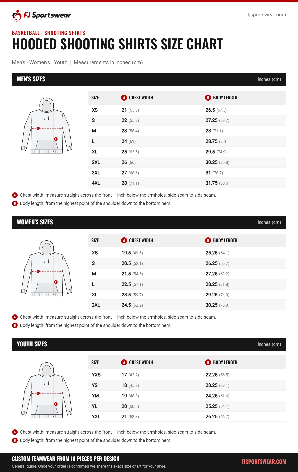 Hooded Shooting Shirts size chart: men’s, women’s and youth sizes with chest width and body length in inches and cm