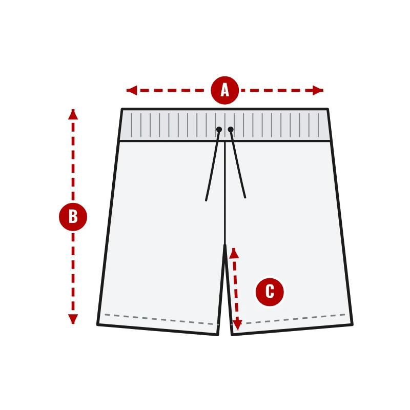 How to measure Boxing Shorts: A waist (relaxed), C inseam and B length