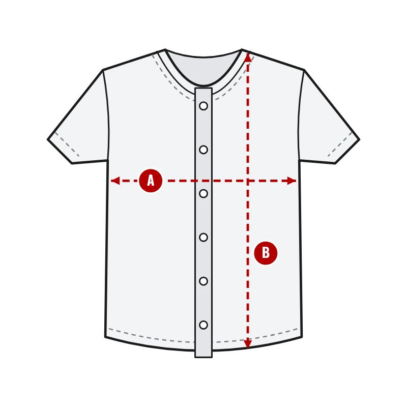 How to measure Full-Button Baseball Jerseys: A chest width and B body length
