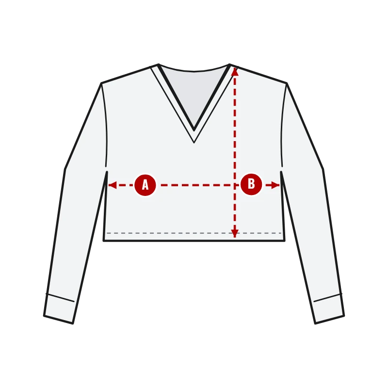 How to measure Long Sleeve Wide Neck Cheerleading Crop Tops: A chest width and B body length