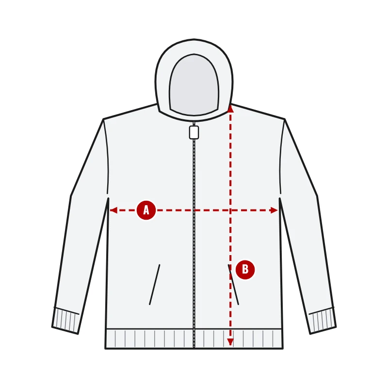 How to measure Zip-Up Hoodies: A chest width and B body length