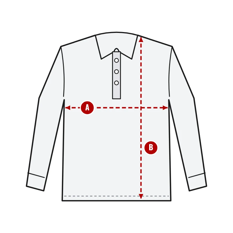 How to measure Long Sleeve Polo Shirts: A chest width and B body length