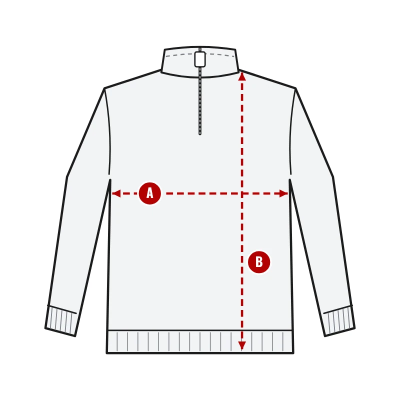 How to measure Half-Zip Running Tops: A chest width and B body length