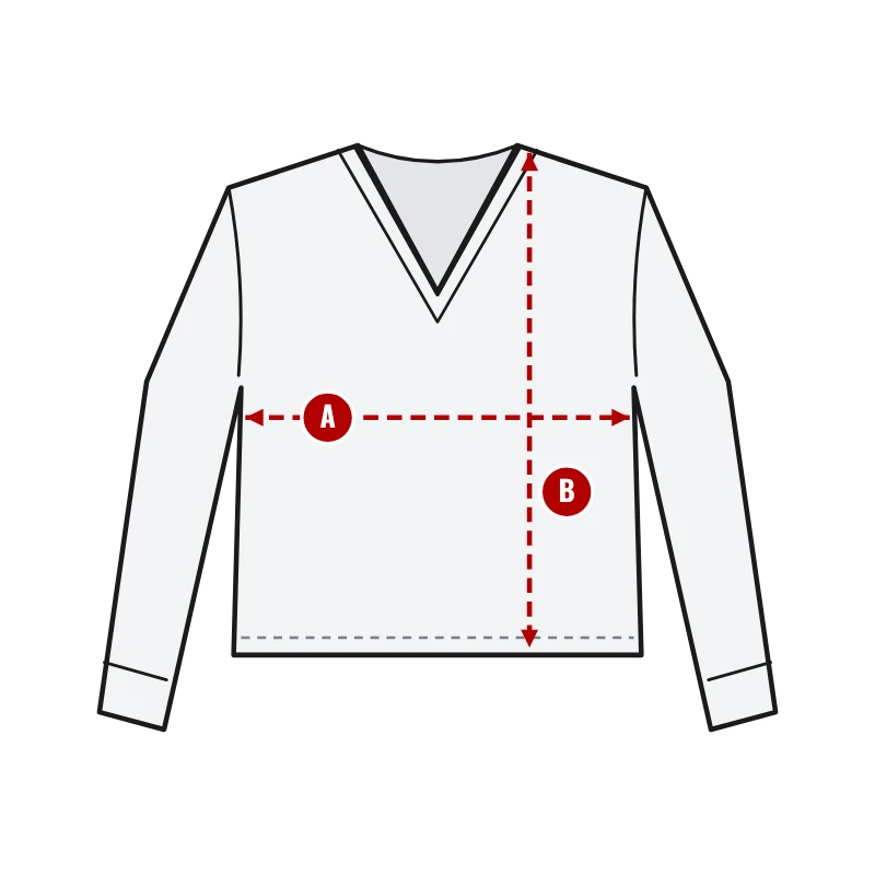 How to measure Long Sleeve V-Neck Cheerleading Shells: A chest width and B body length