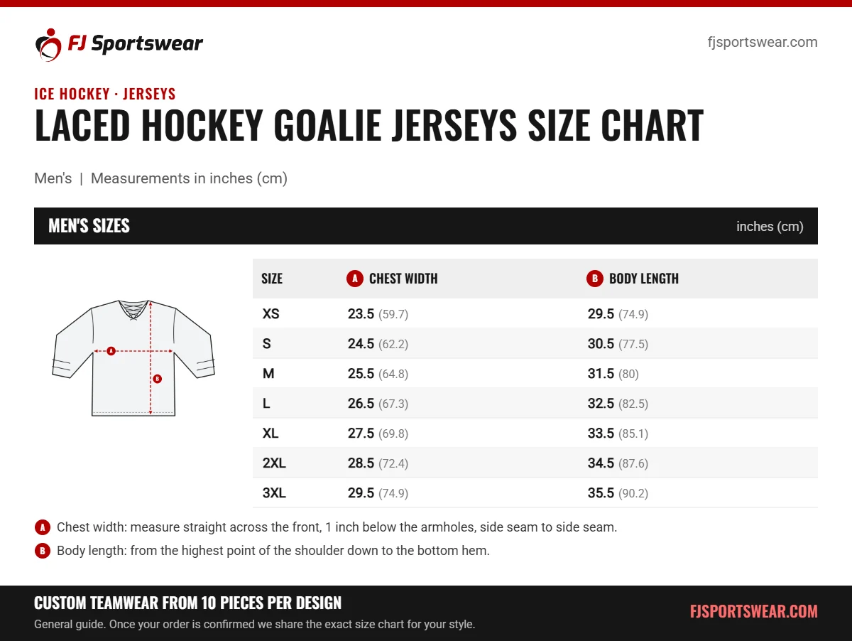 Laced Hockey Goalie Jerseys size chart: men’s sizes with chest width and body length in inches and cm