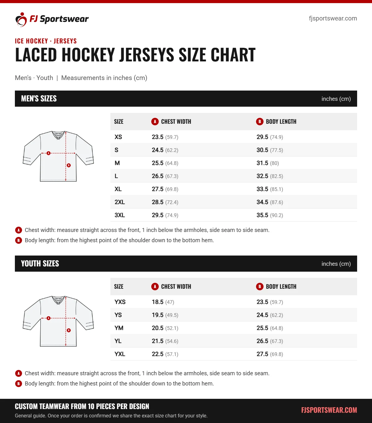 Laced Hockey Jerseys size chart: men’s and youth sizes with chest width and body length in inches and cm