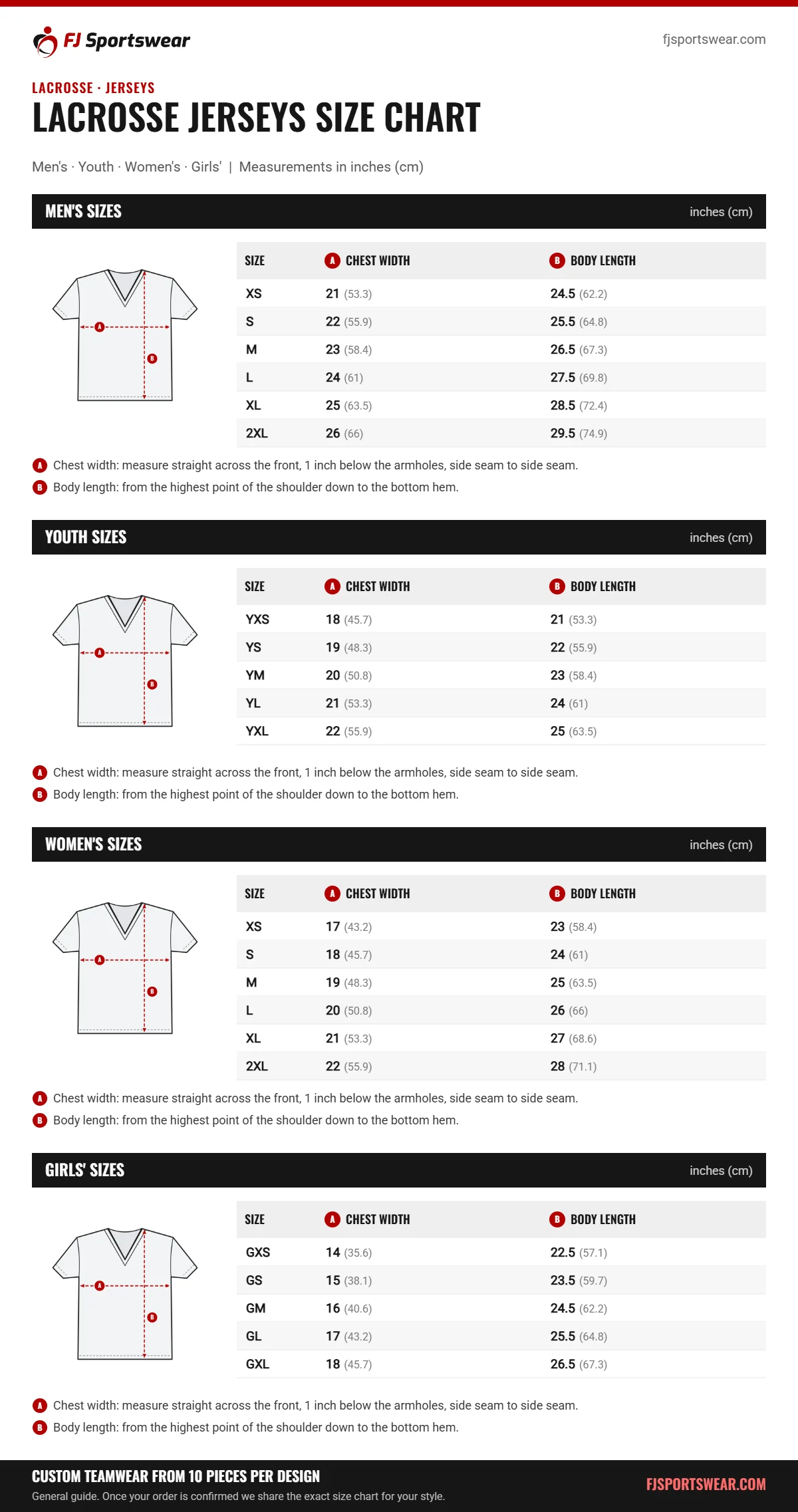 Lacrosse Jerseys size chart: men’s, youth, women’s and girls’ sizes with chest width and body length in inches and cm