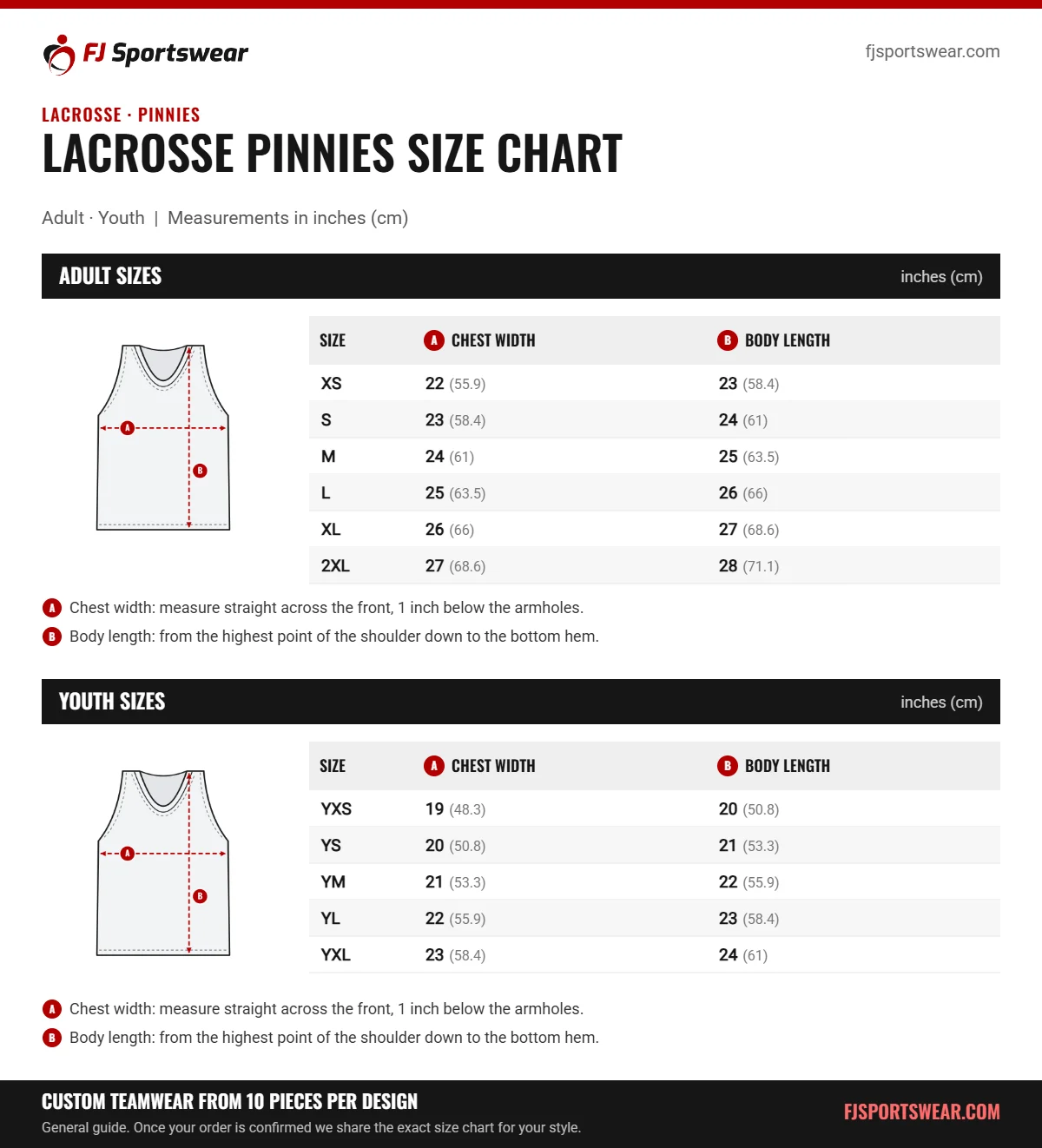 Lacrosse Pinnies Size Chart Lacrosse Pinnies size chart: adult and youth sizes with chest width and body length in inches and cm
