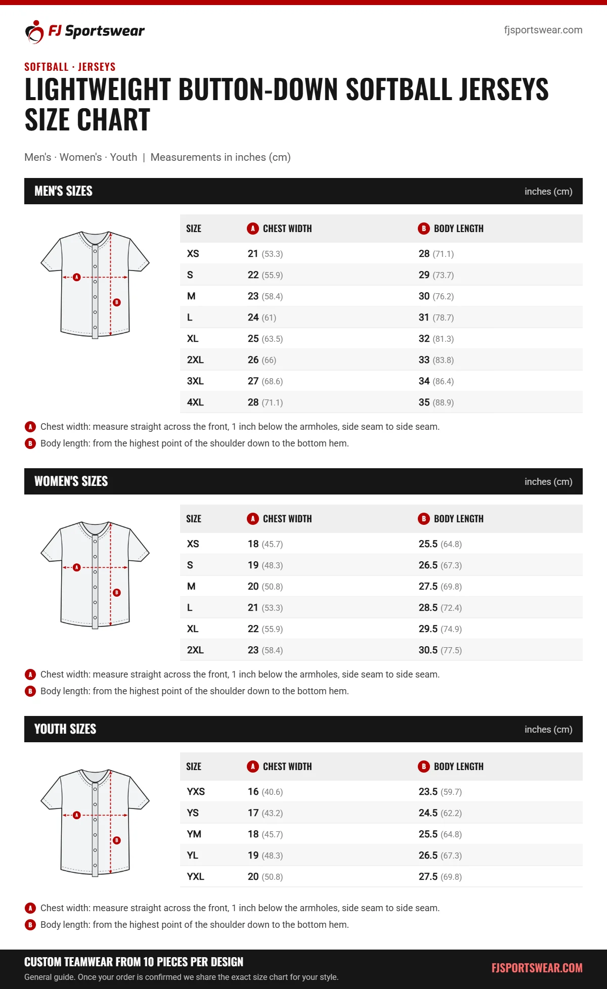 Lightweight Button-Down Softball Jerseys size chart: men’s, women’s and youth sizes with chest width and body length in inches and cm