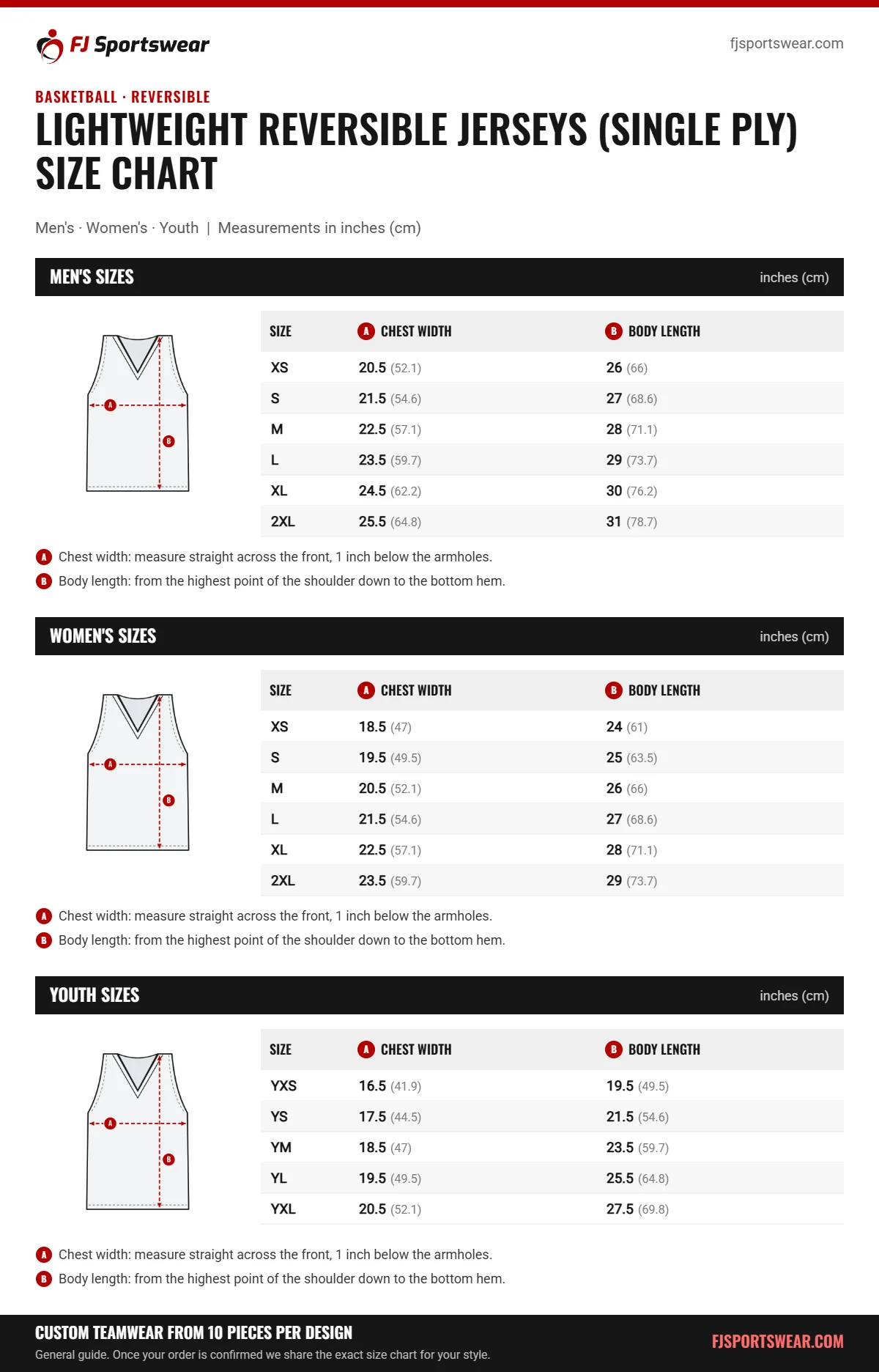 Lightweight Reversible Jerseys (Single Ply) size chart: men’s, women’s and youth sizes with chest width and body length in inches and cm