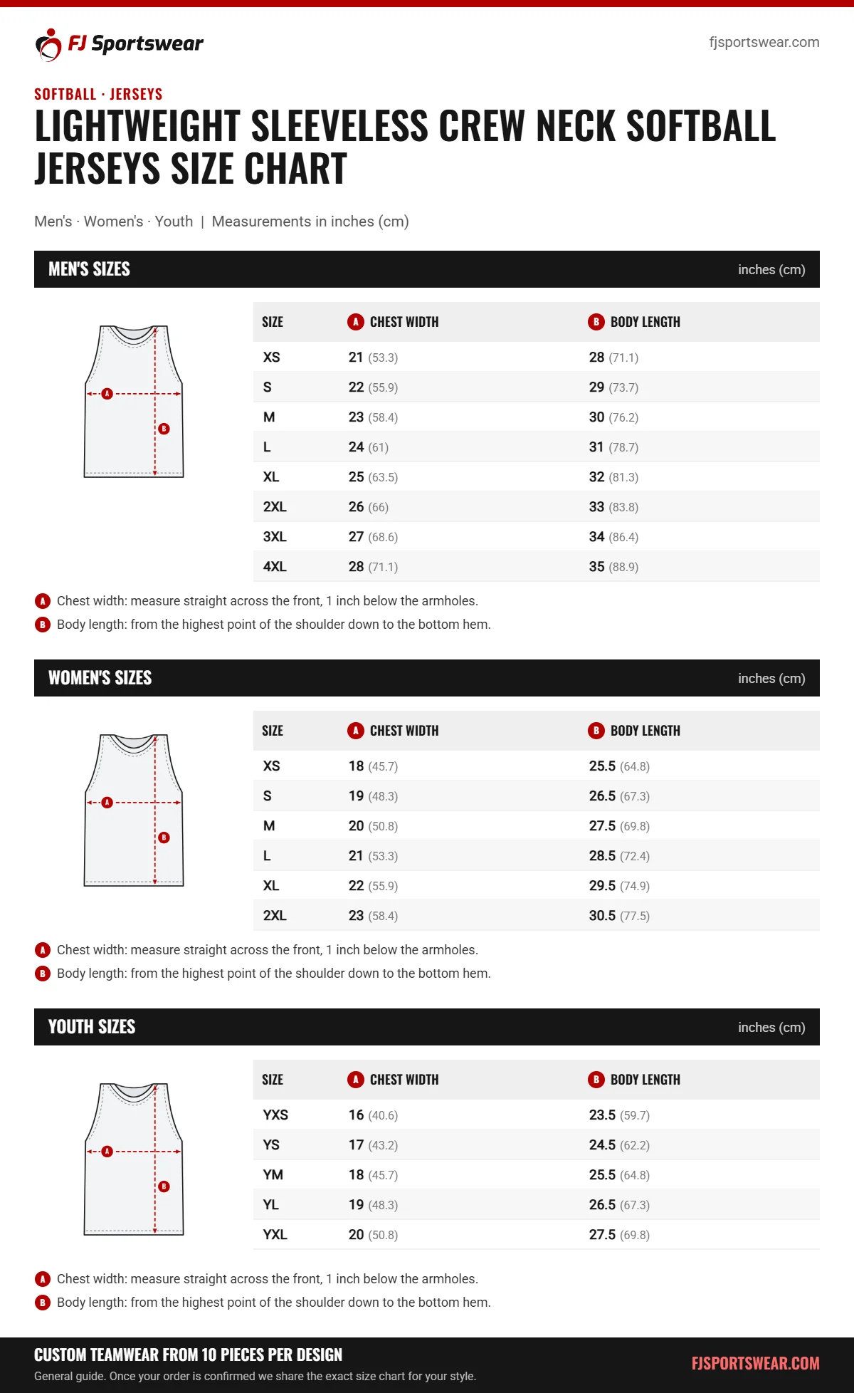 Lightweight Sleeveless Crew Neck Softball Jerseys size chart: men’s, women’s and youth sizes with chest width and body length in inches and cm