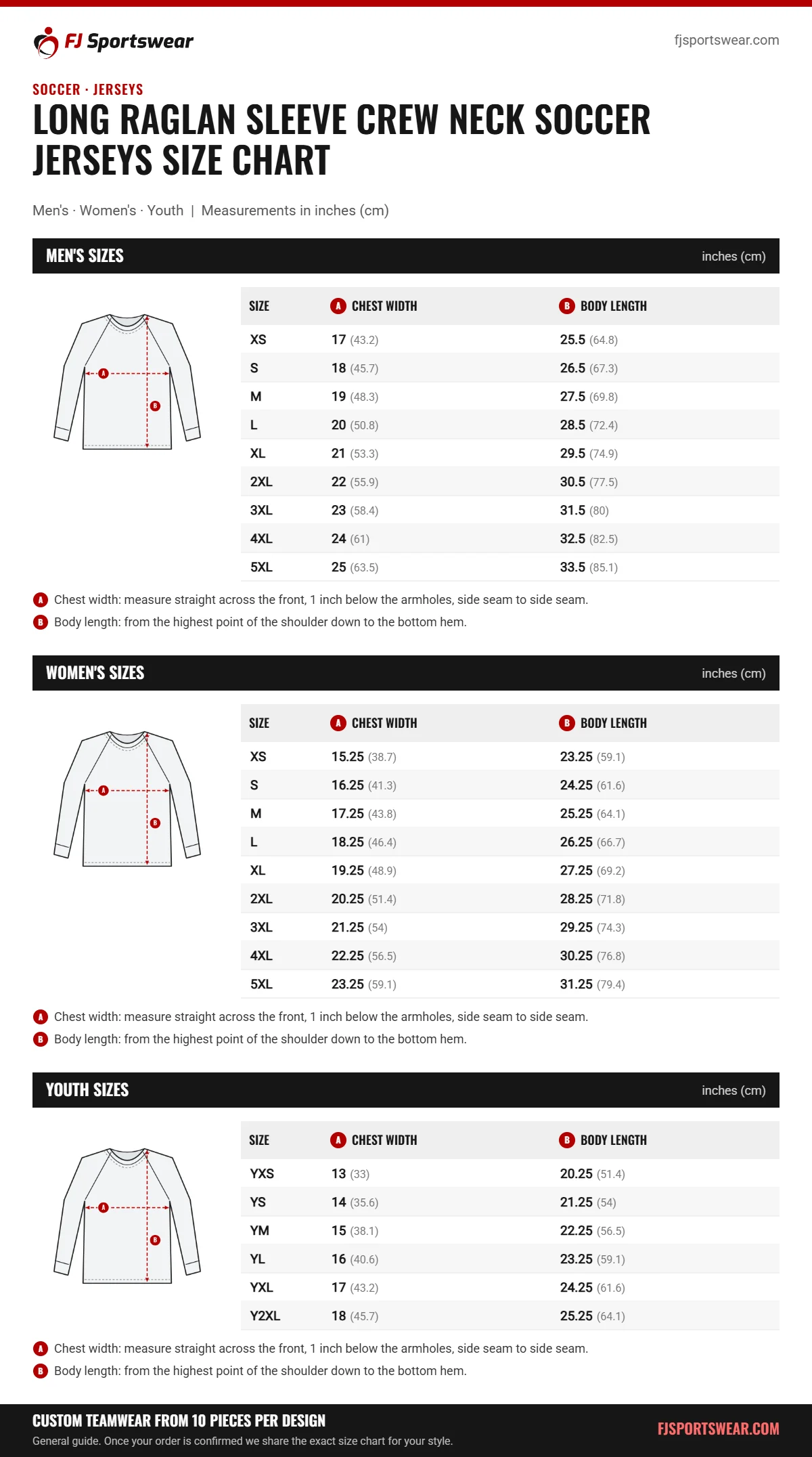 Long Raglan Sleeve Crew Neck Soccer Jerseys size chart: men’s, women’s and youth sizes with chest width and body length in inches and cm