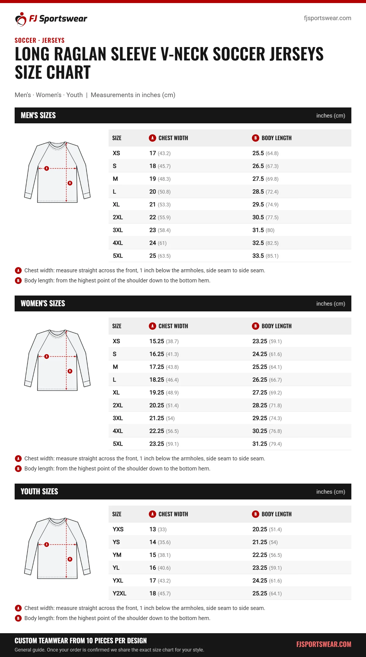 Long Raglan Sleeve V-Neck Soccer Jerseys size chart: men’s, women’s and youth sizes with chest width and body length in inches and cm