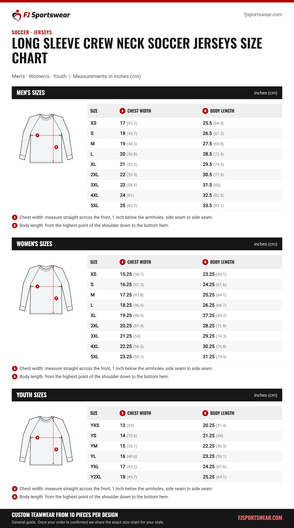 Long Sleeve Crew Neck Soccer Jerseys size chart: men’s, women’s and youth sizes with chest width and body length in inches and cm