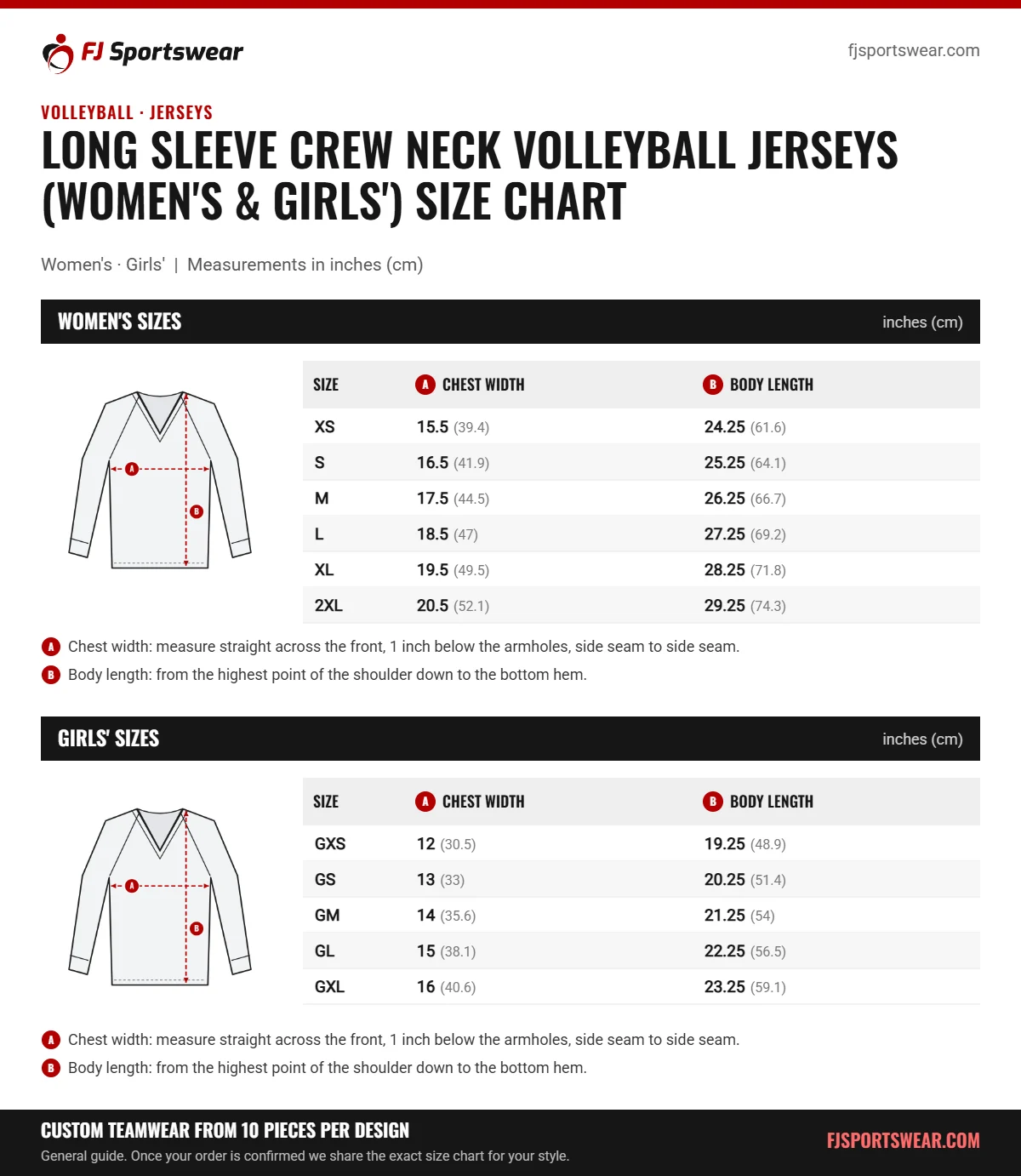 Long Sleeve Crew Neck Volleyball Jerseys (Women’s & Girls’) Size Chart Long Sleeve Crew Neck Volleyball Jerseys (Women’s & Girls’) size chart: women’s and girls’ sizes with chest width and body length in inches and cm