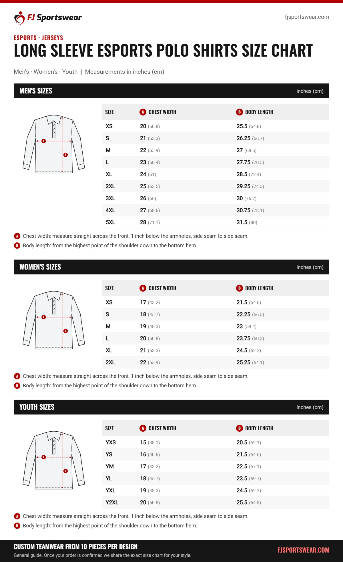 Long Sleeve Esports Polo Shirts size chart: men’s, women’s and youth sizes with chest width and body length in inches and cm